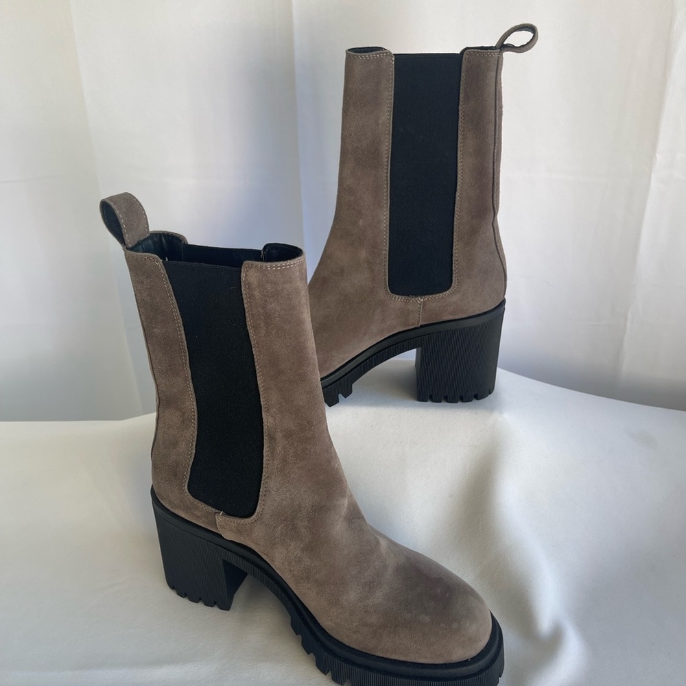 Women's Taupe Suede Chunky Chelsea Heeled Boots - Picture 7 of 13